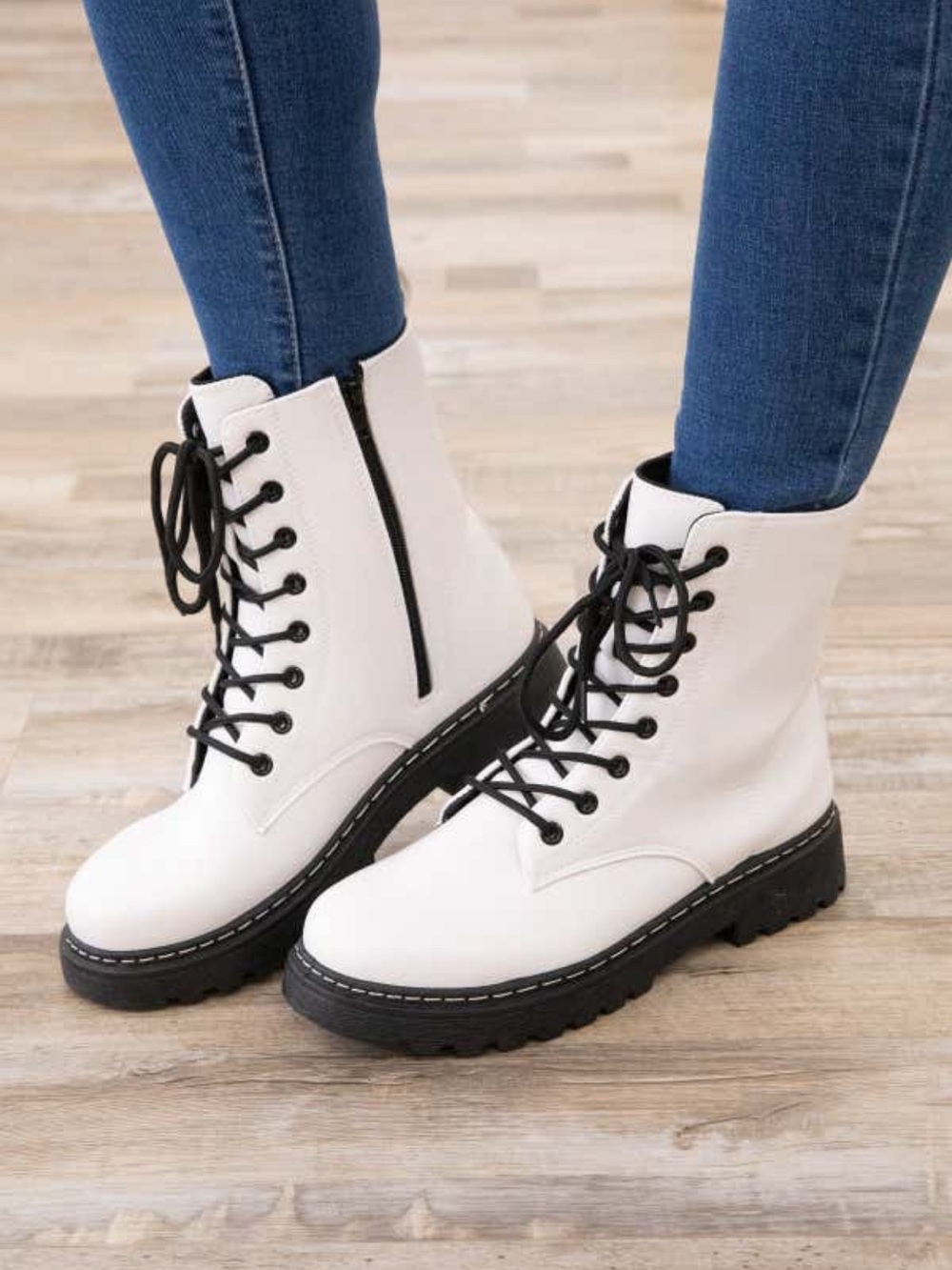 White Lace-Up Combat Boots with Black Sole and Side Zip